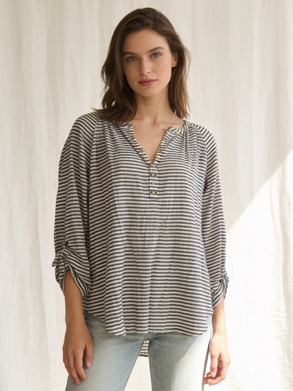 Michael Kors Striped Gold Button Henley Blouse Top M